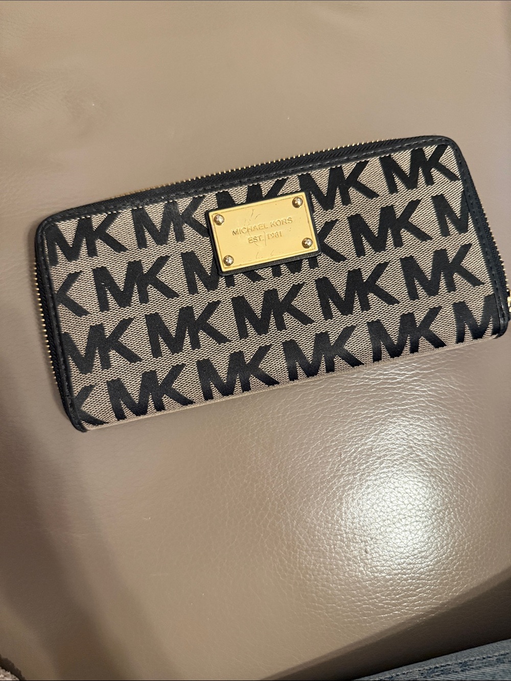 Michael Kors Black and Beige MK Logo Zip Around Wallet